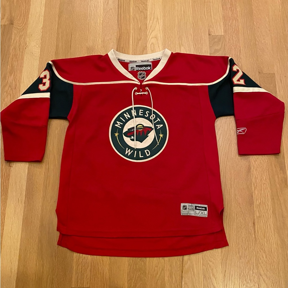 Reebok NHL Minnesota Wild Jersey 32 Backstrom Red / Oversized Patch / Youth L/XL